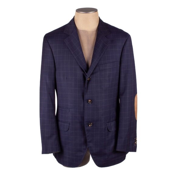 BRUNELLO CUCINELLI Navy Wool Checkered Tan Suede Elbow Patch Jacket size 50 - Picture 1 of 8